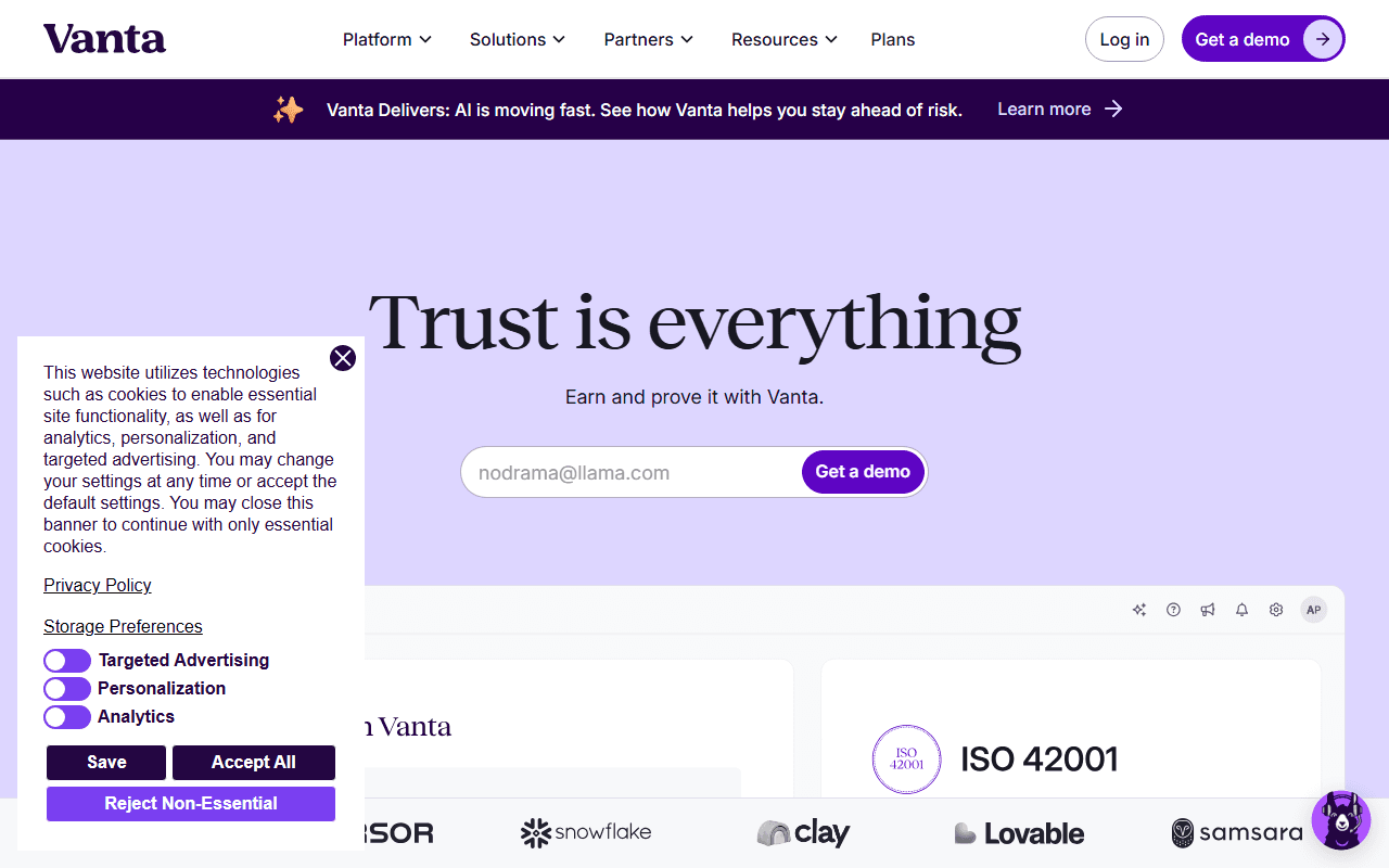 Vanta sponsor landing page advertised on Coffee Break Spanish