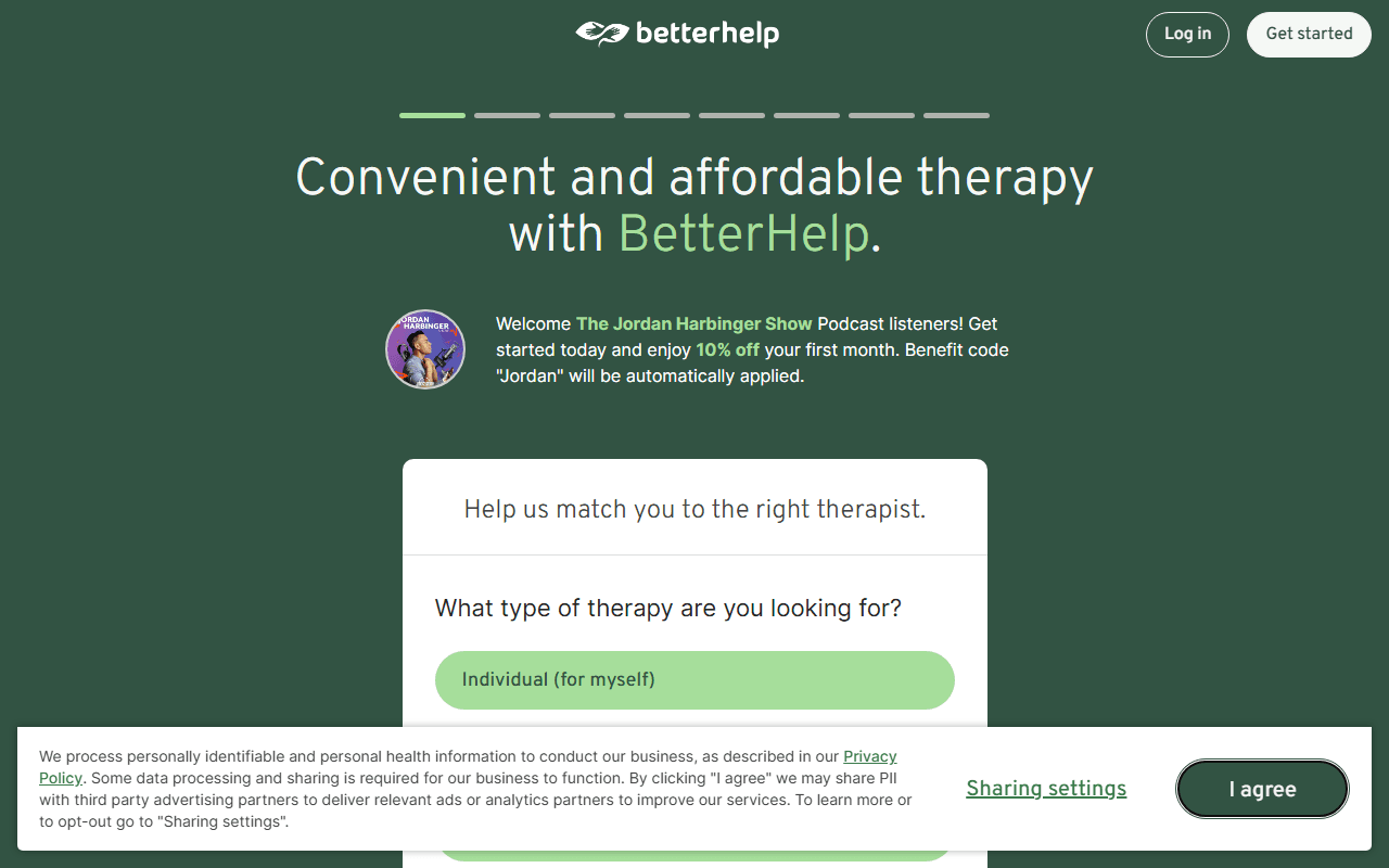 BetterHelp sponsor landing page advertised on The Jordan Harbinger Show
