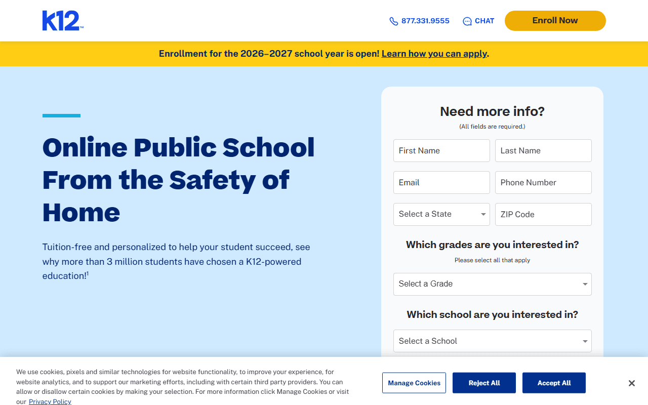 K-12 Powered Online Schools sponsor landing page advertised on The Jordan Harbinger Show
