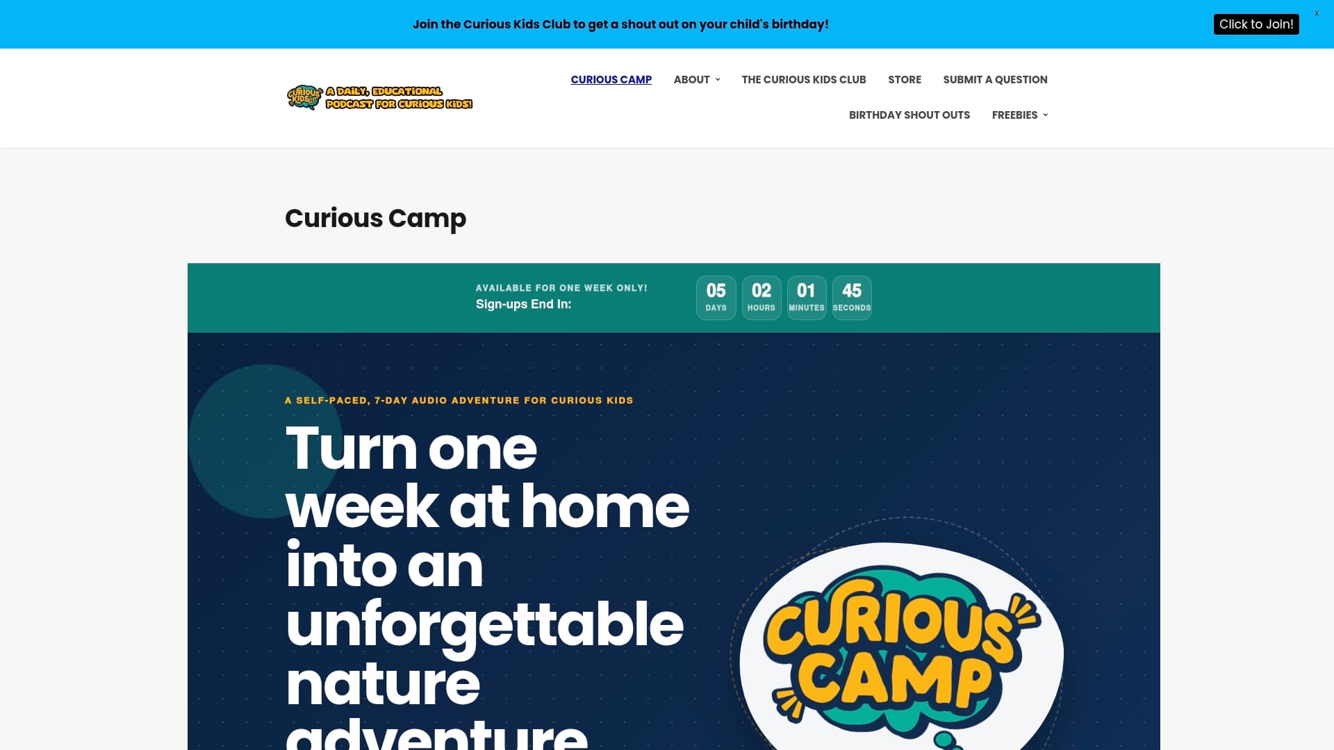Curious Camp sponsor landing page advertised on Curious Kids Everyday