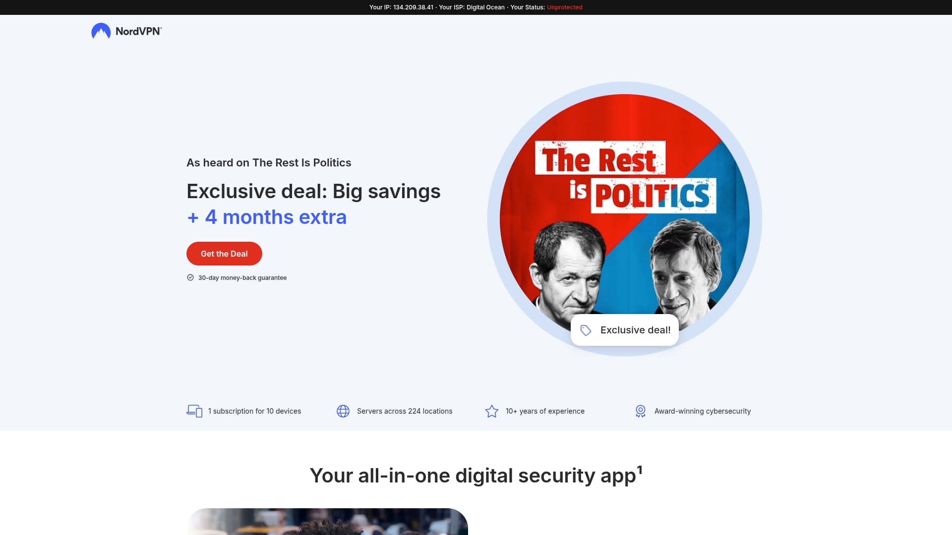 NordVPN sponsor landing page advertised on The Rest Is Politics