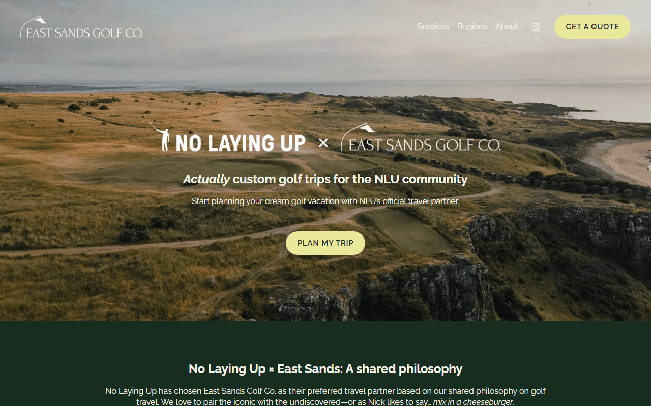 East Sands Golf sponsor landing page advertised on No Laying Up - Golf Podcast