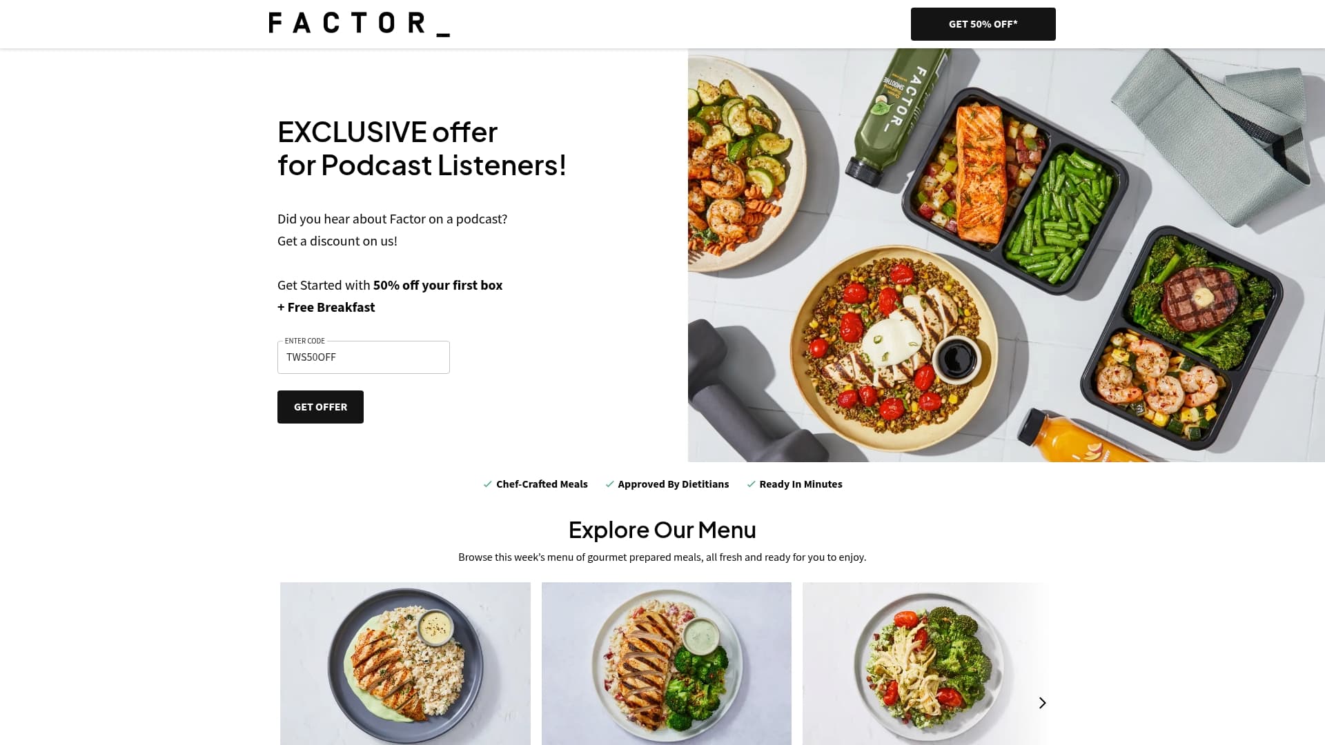 Factor sponsor landing page advertised on The Jon Stewart Podcast