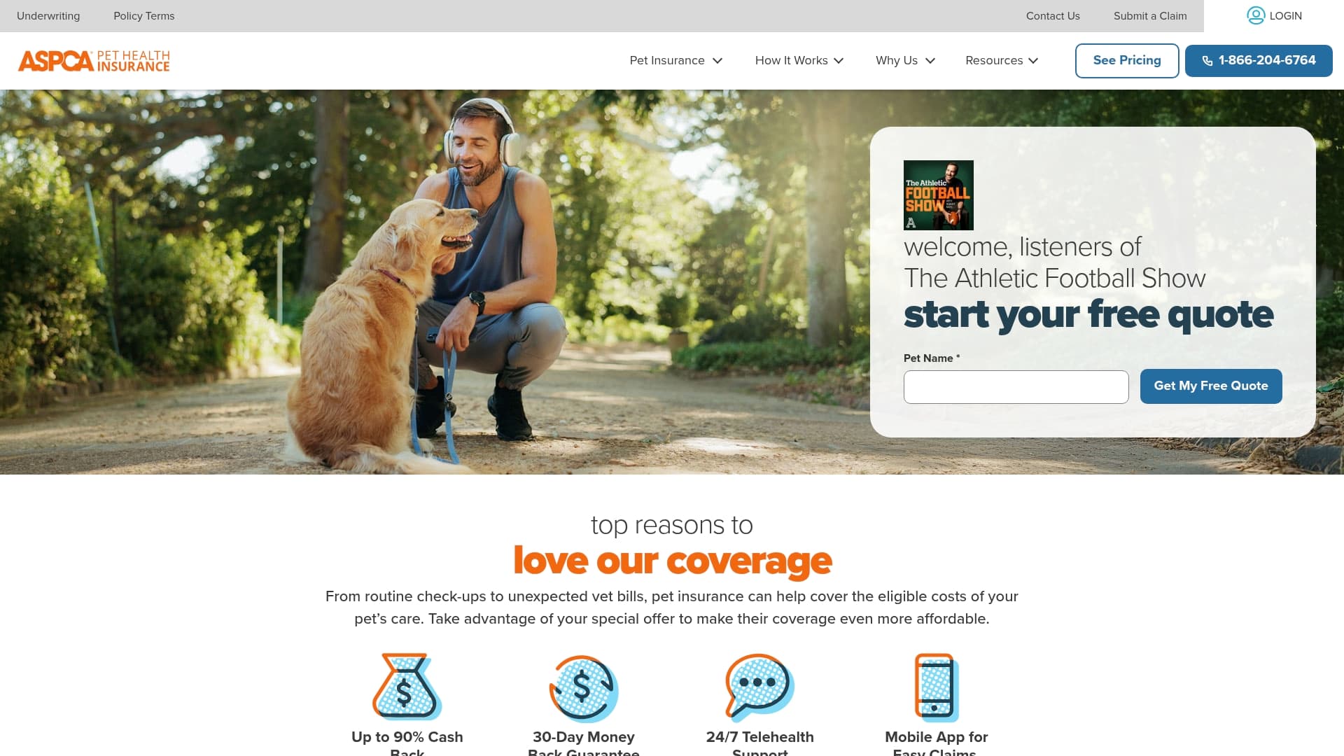 ASPCA Pet Health Insurance sponsor landing page advertised on The Athletic Football Show: A show about the NFL
