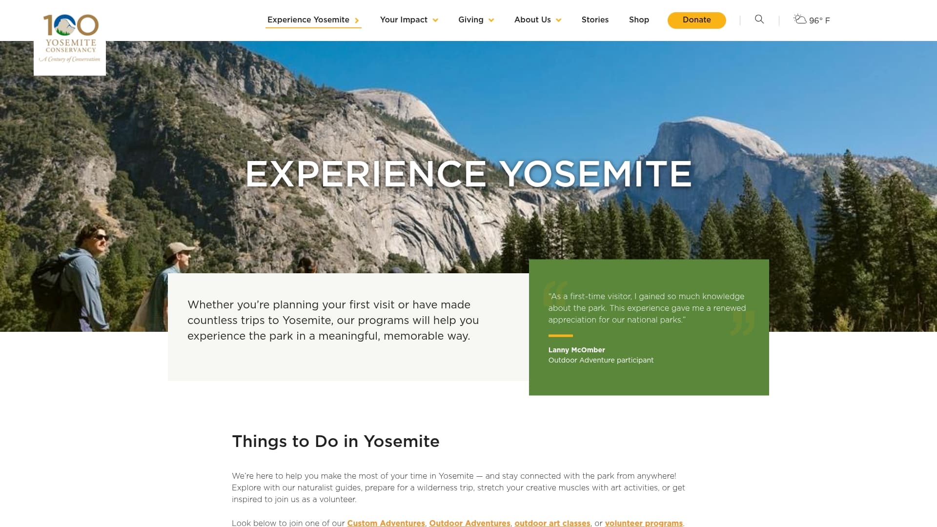 Yosemite Conservancy sponsor landing page advertised on Stories of our times