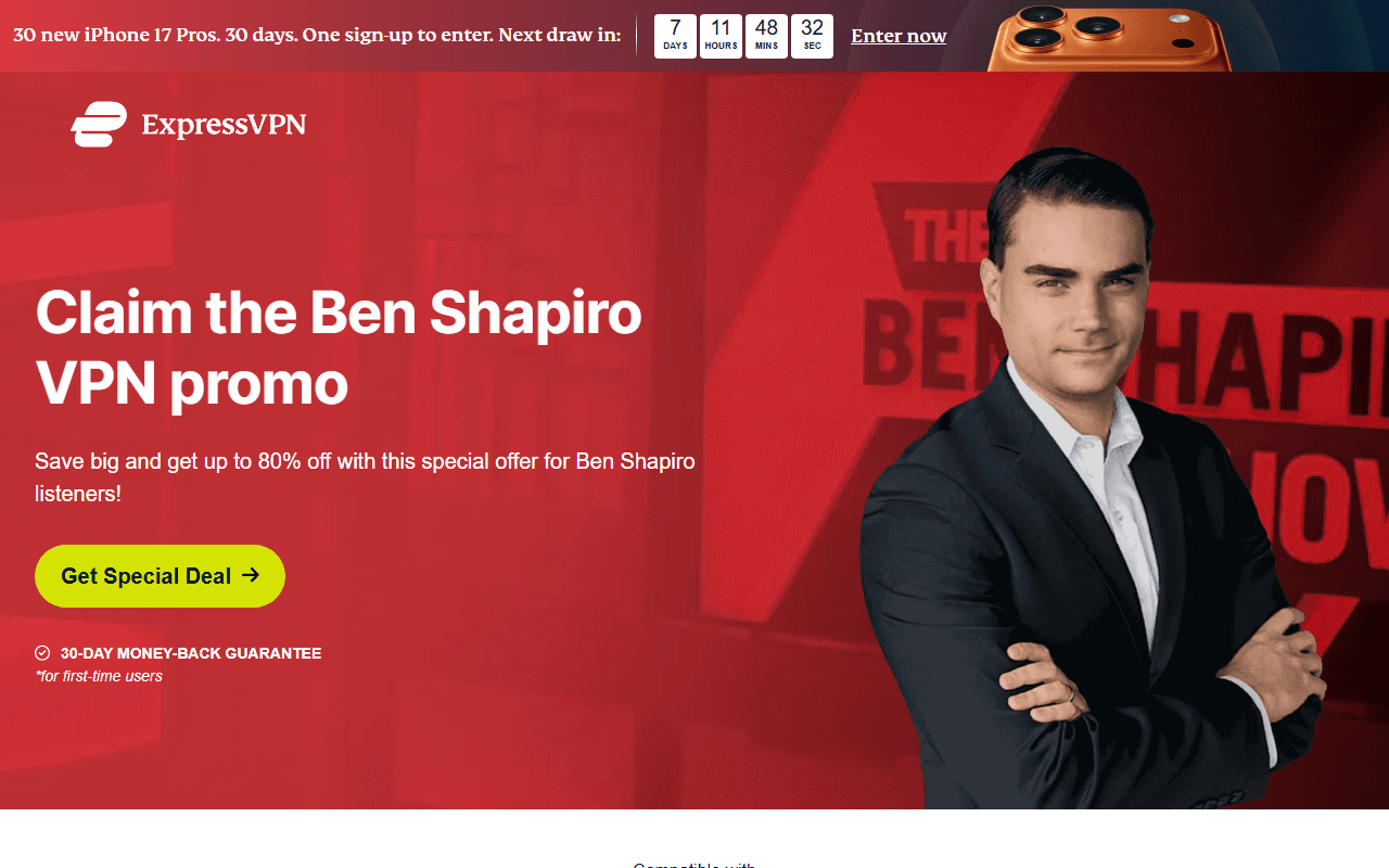 ExpressVPN sponsor landing page advertised on The Ben Shapiro Show