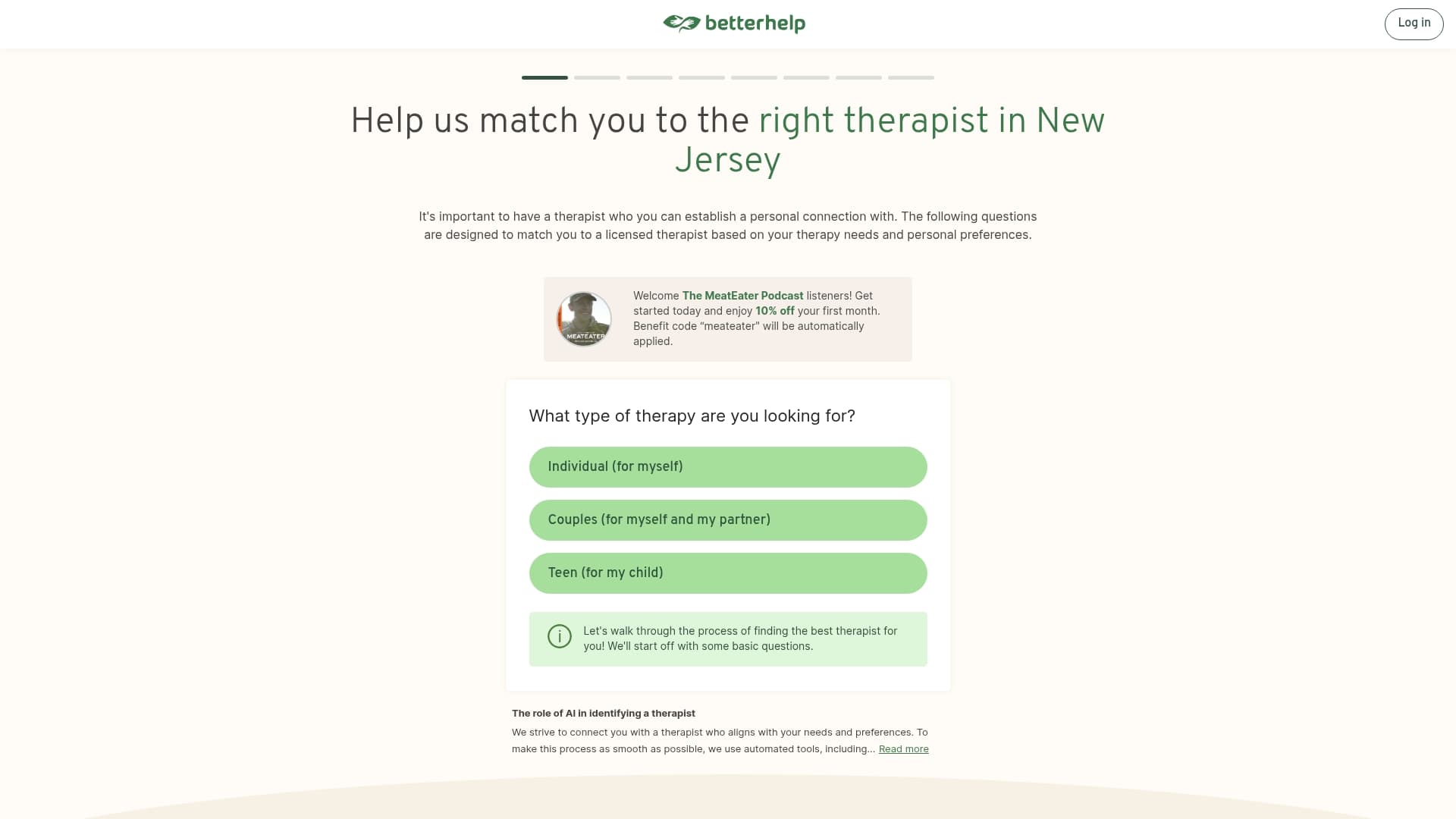 BetterHelp sponsor landing page advertised on The MeatEater Podcast