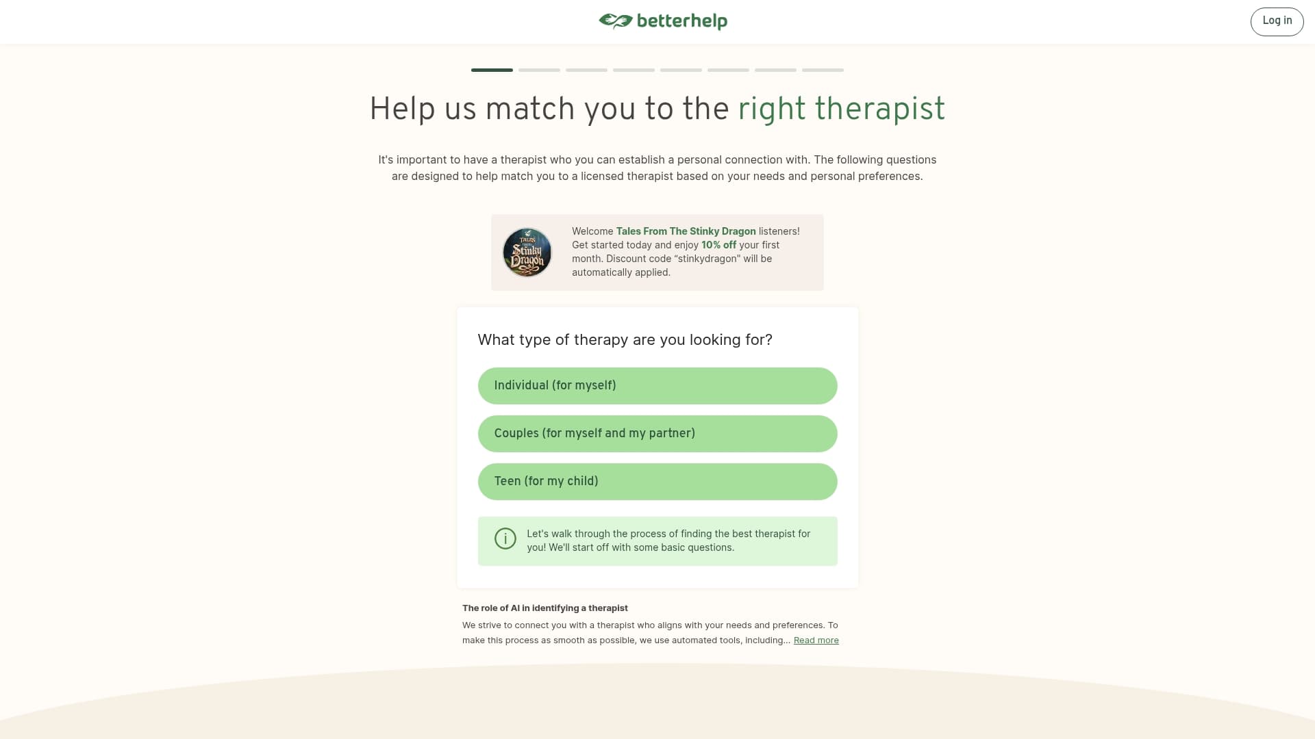 BetterHelp sponsor landing page advertised on Tales from the Stinky Dragon