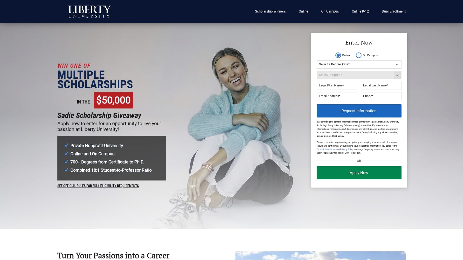 Liberty University sponsor landing page advertised on WHOA That's Good Podcast