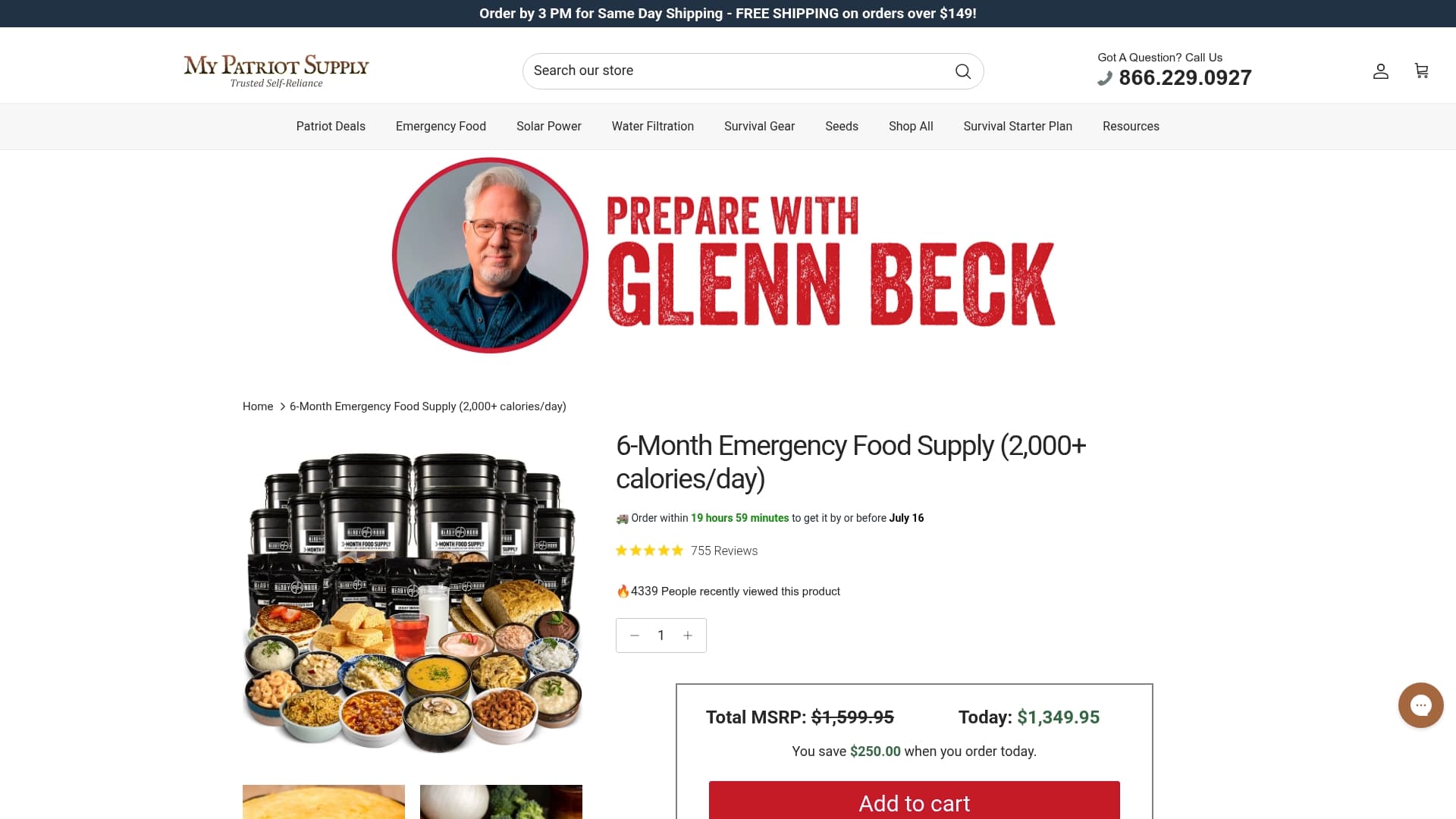 My Patriot Supply sponsor landing page advertised on The Glenn Beck Program