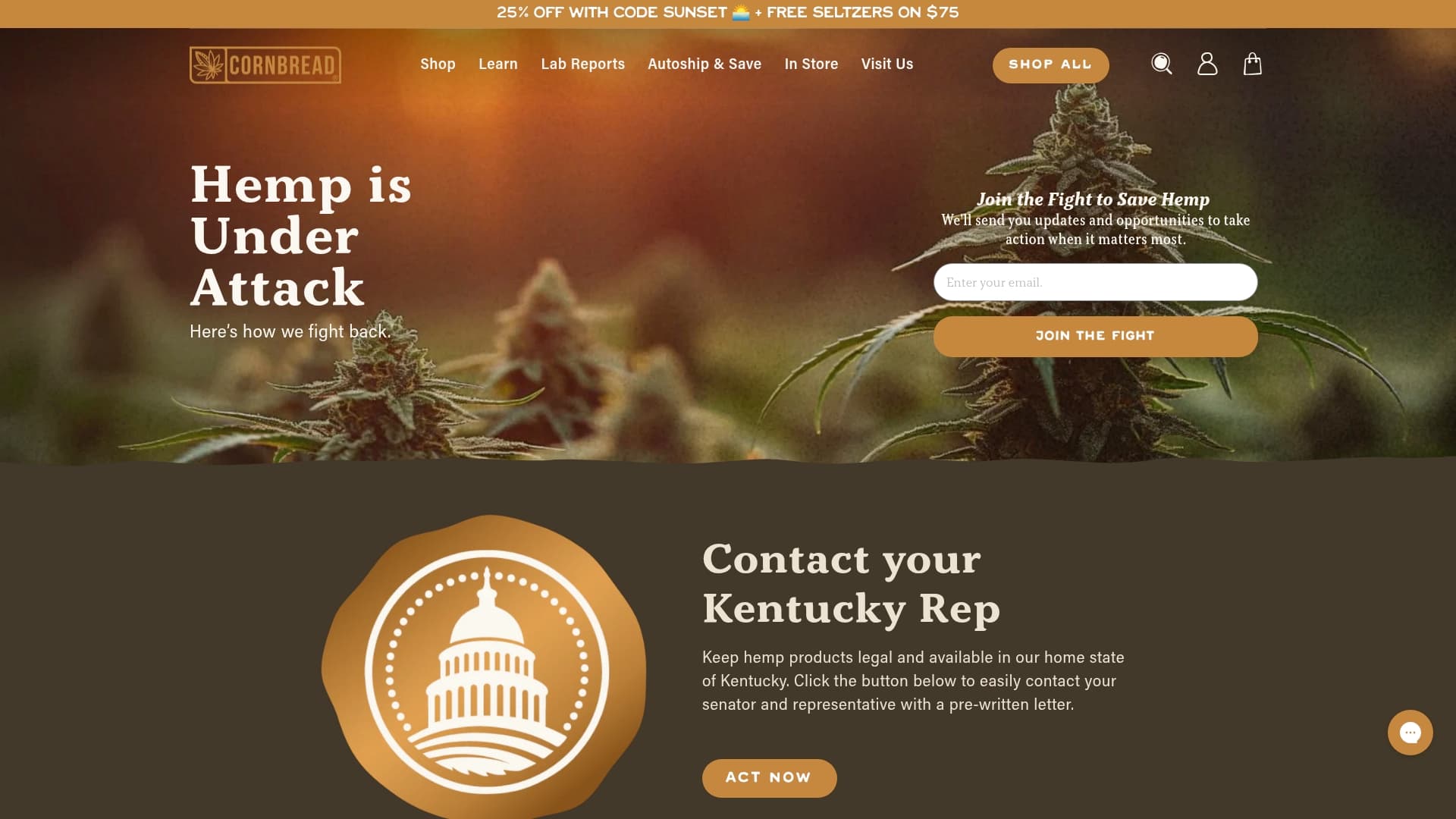Cornbread Hemp sponsor landing page advertised on KSR