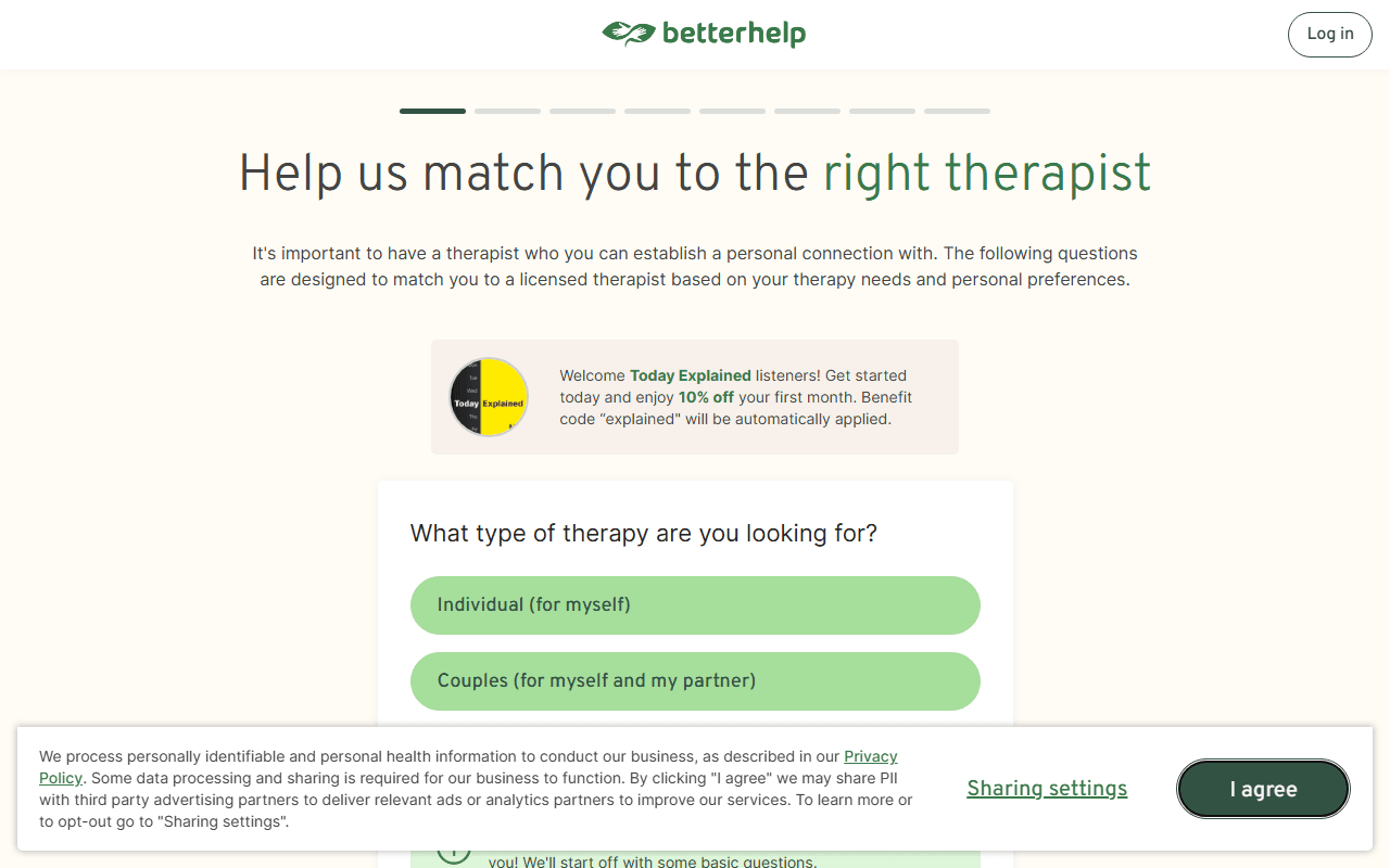 BetterHelp sponsor landing page advertised on Today, Explained