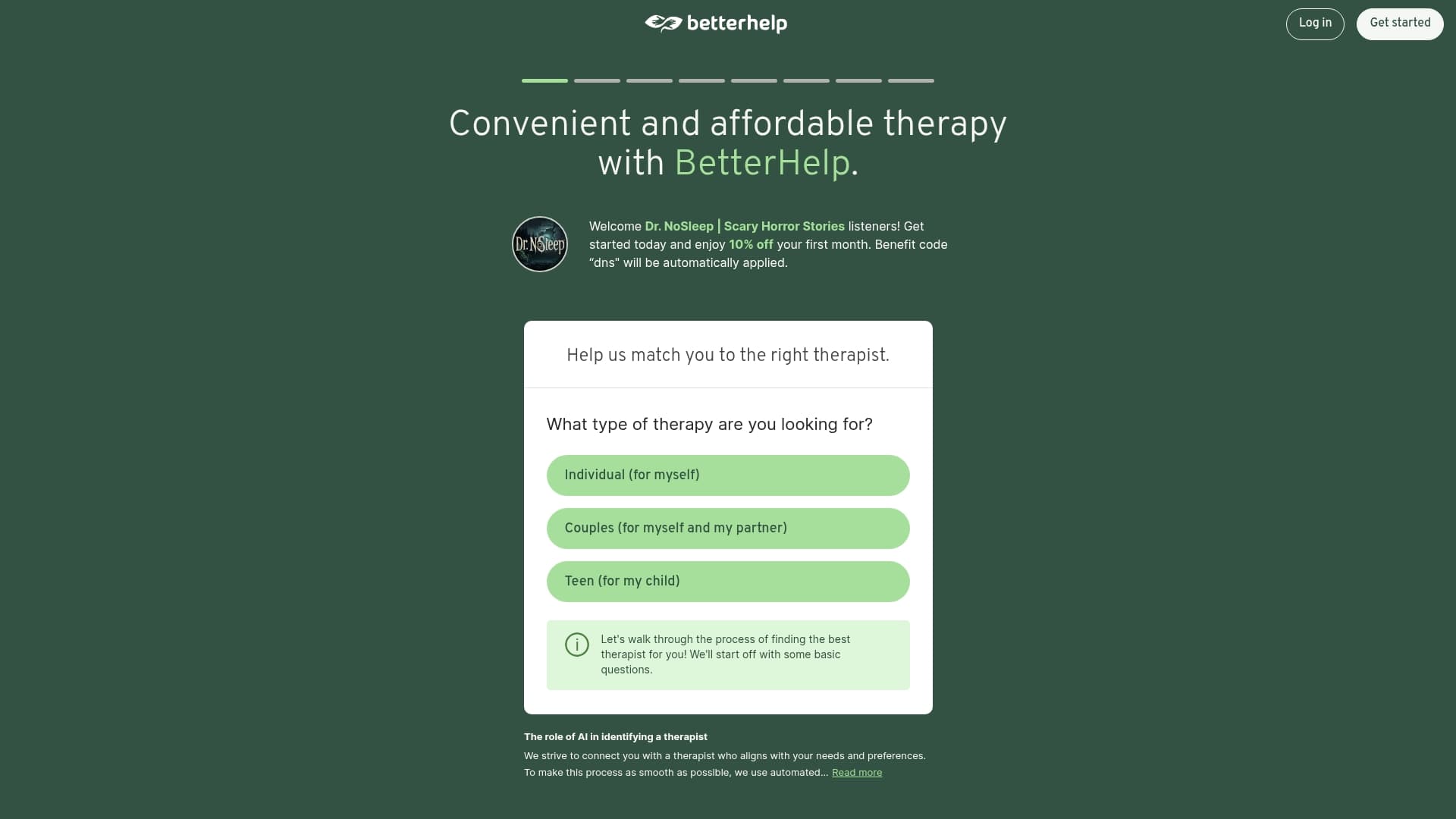 BetterHelp sponsor landing page advertised on Scary Horror Stories by Dr. NoSleep