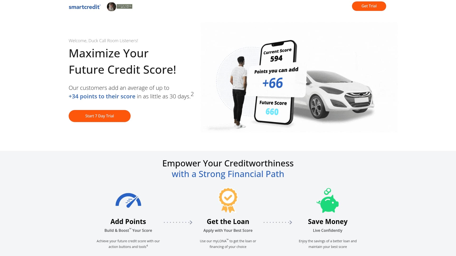 Smart Credit sponsor landing page advertised on Duck Call Room