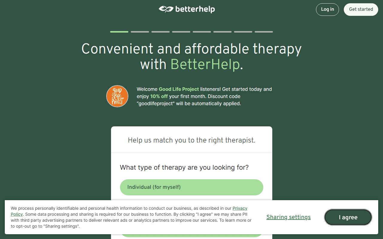 BetterHelp sponsor landing page advertised on Good Life Project