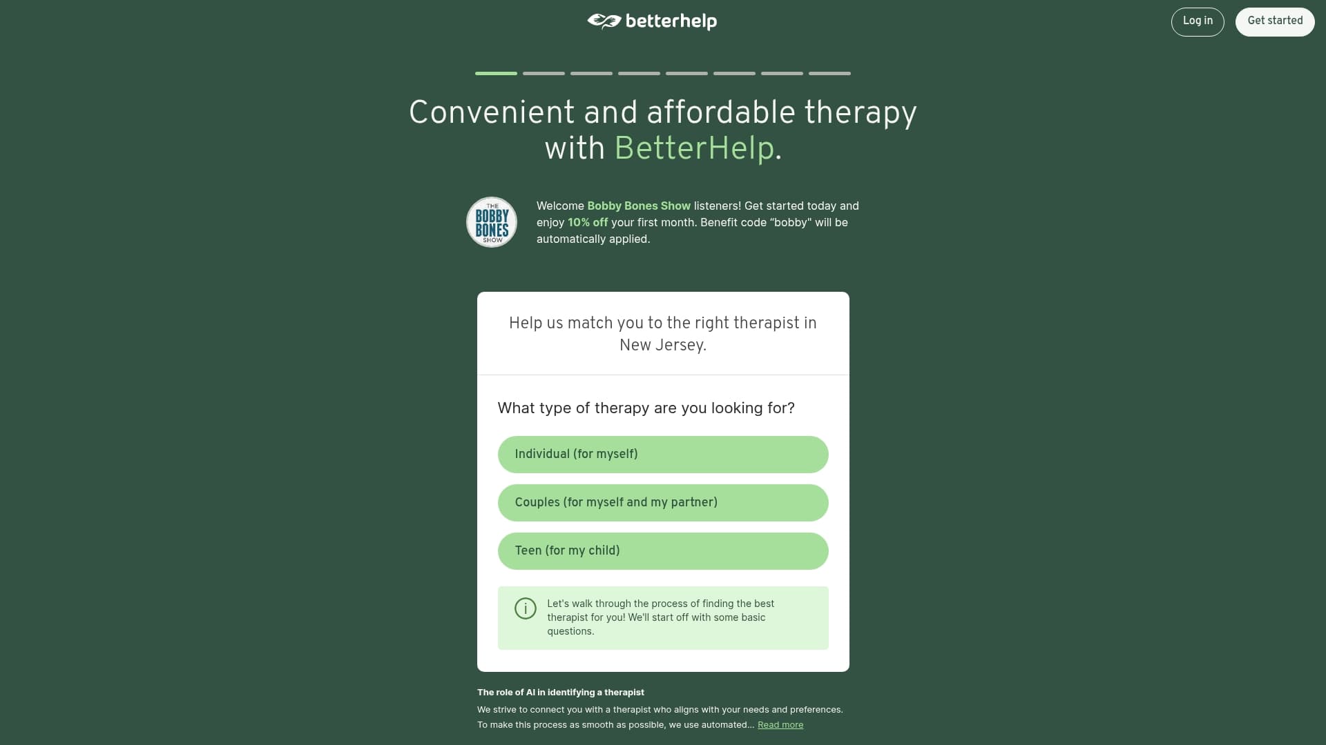 BetterHelp sponsor landing page advertised on The Bobby Bones Show