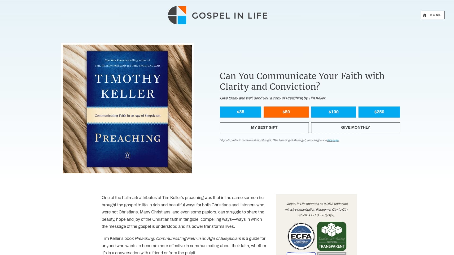 Gospel in Life / Redeemer Presbyterian Church sponsor landing page advertised on Timothy Keller Sermons Podcast by Gospel in Life