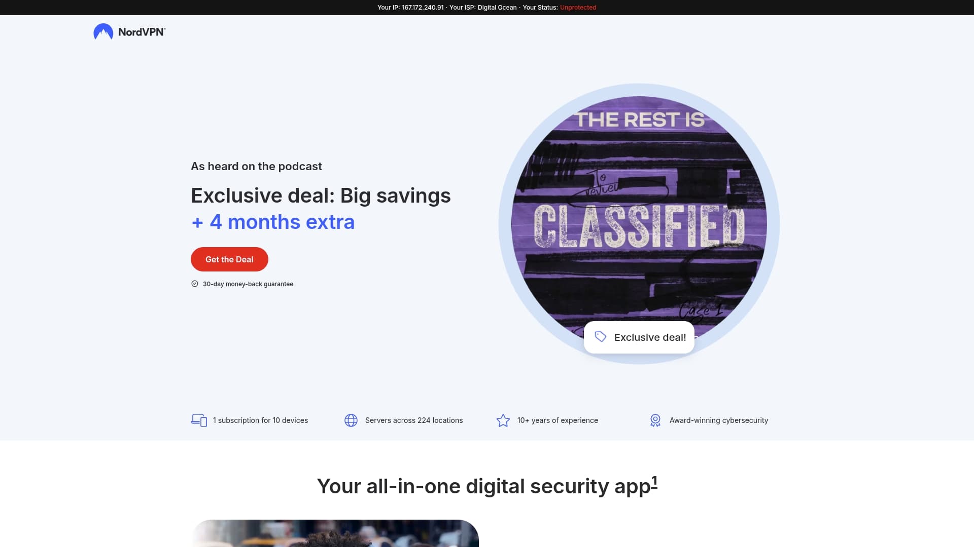 NordVPN sponsor landing page advertised on The Rest Is Classified