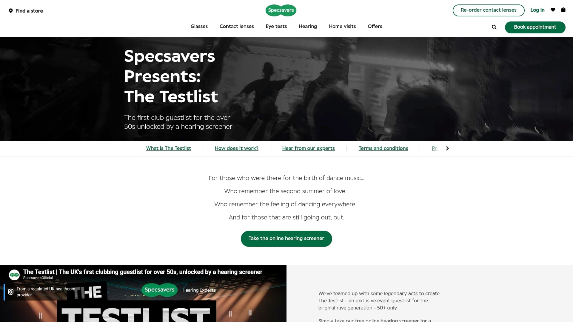 Specsavers sponsor landing page advertised on Off Air... with Jane and Fi