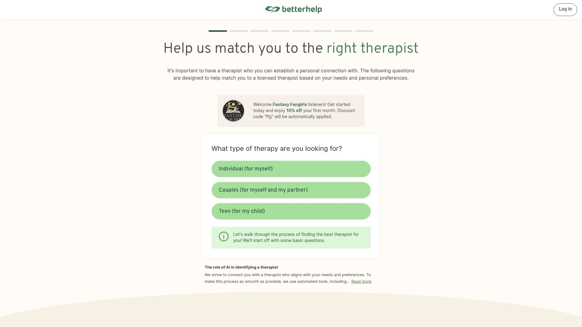 BetterHelp sponsor landing page advertised on Fantasy Fangirls