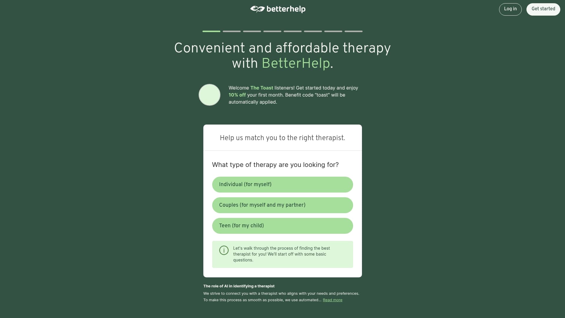 BetterHelp sponsor landing page advertised on The NPR Politics Podcast