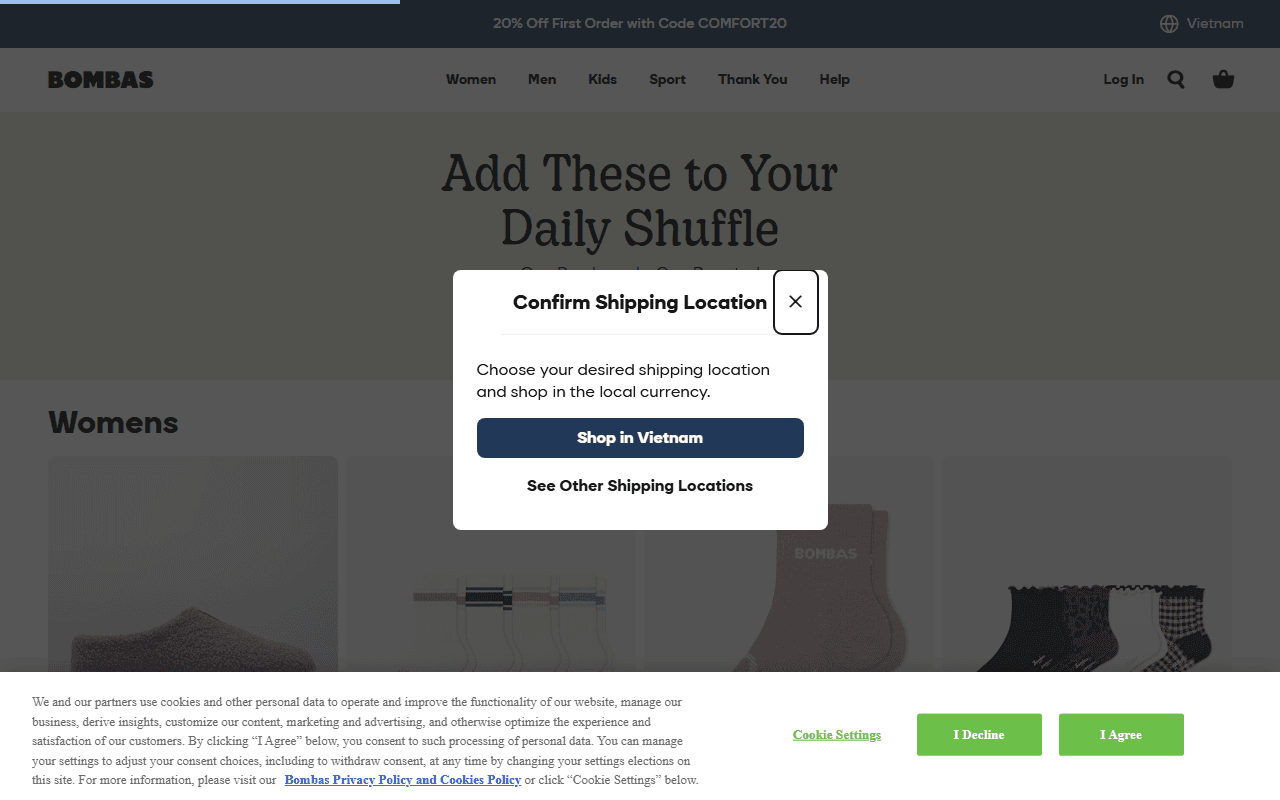 Bombas sponsor landing page advertised on Small Town Murder