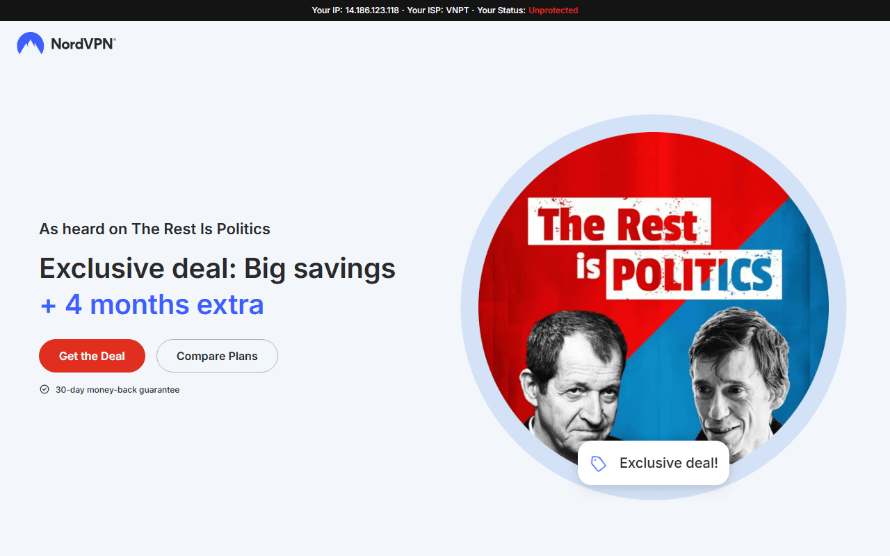 NordVPN sponsor landing page advertised on The Rest Is Politics
