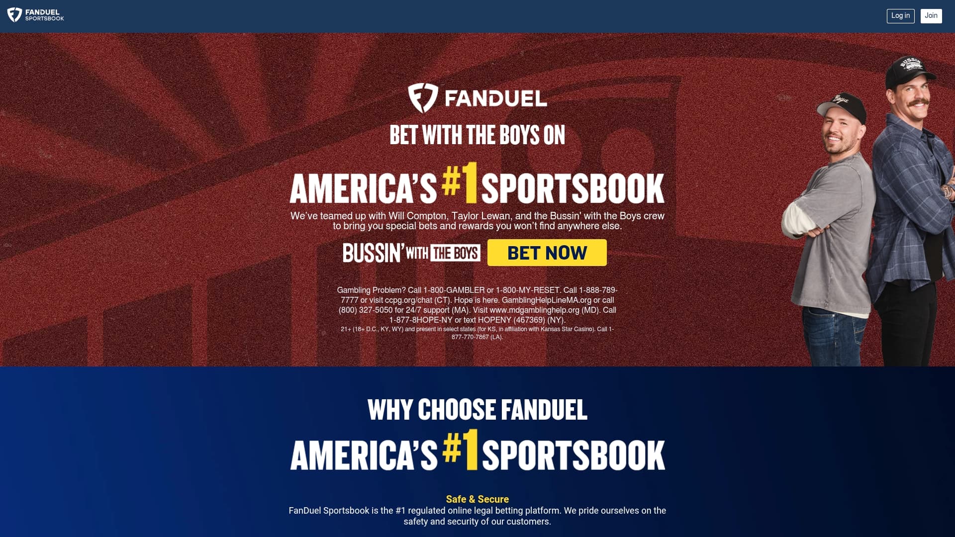 FanDuel Sportsbook sponsor landing page advertised on Bussin' With The Boys