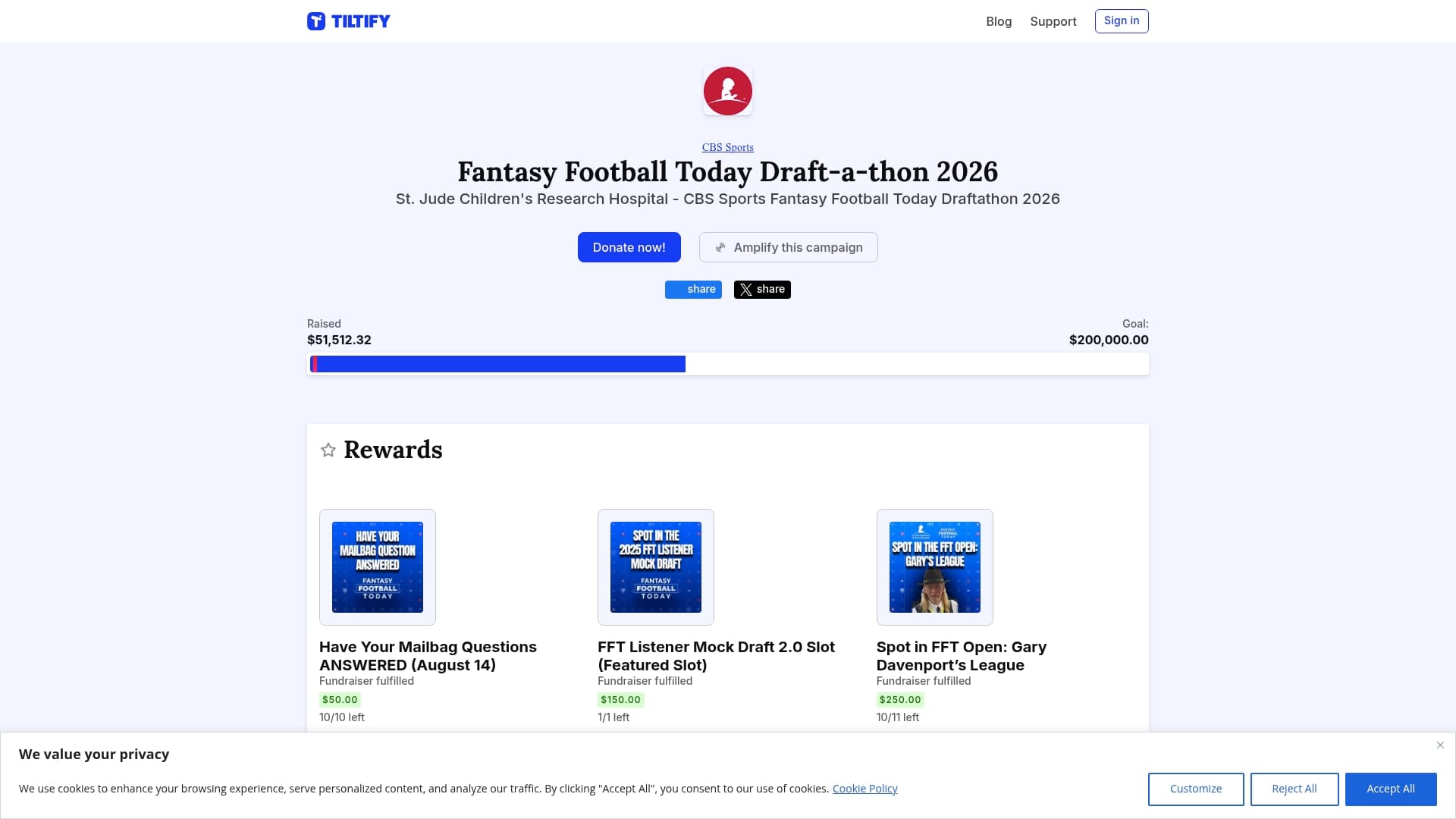 St. Jude Children's Research Hospital sponsor landing page advertised on Fantasy Football Today