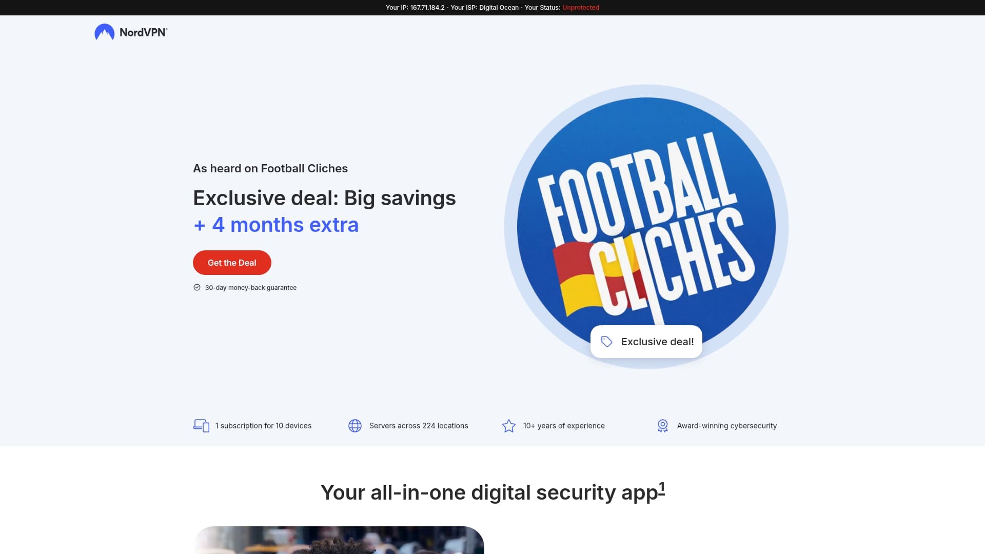 NordVPN sponsor landing page advertised on New: Football Clichés