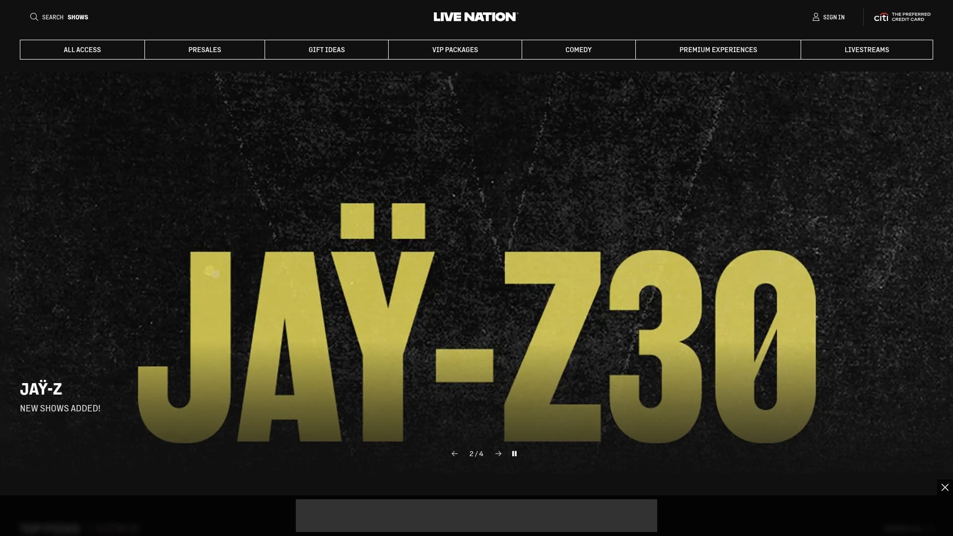 LiveNation sponsor landing page advertised on Political Currency