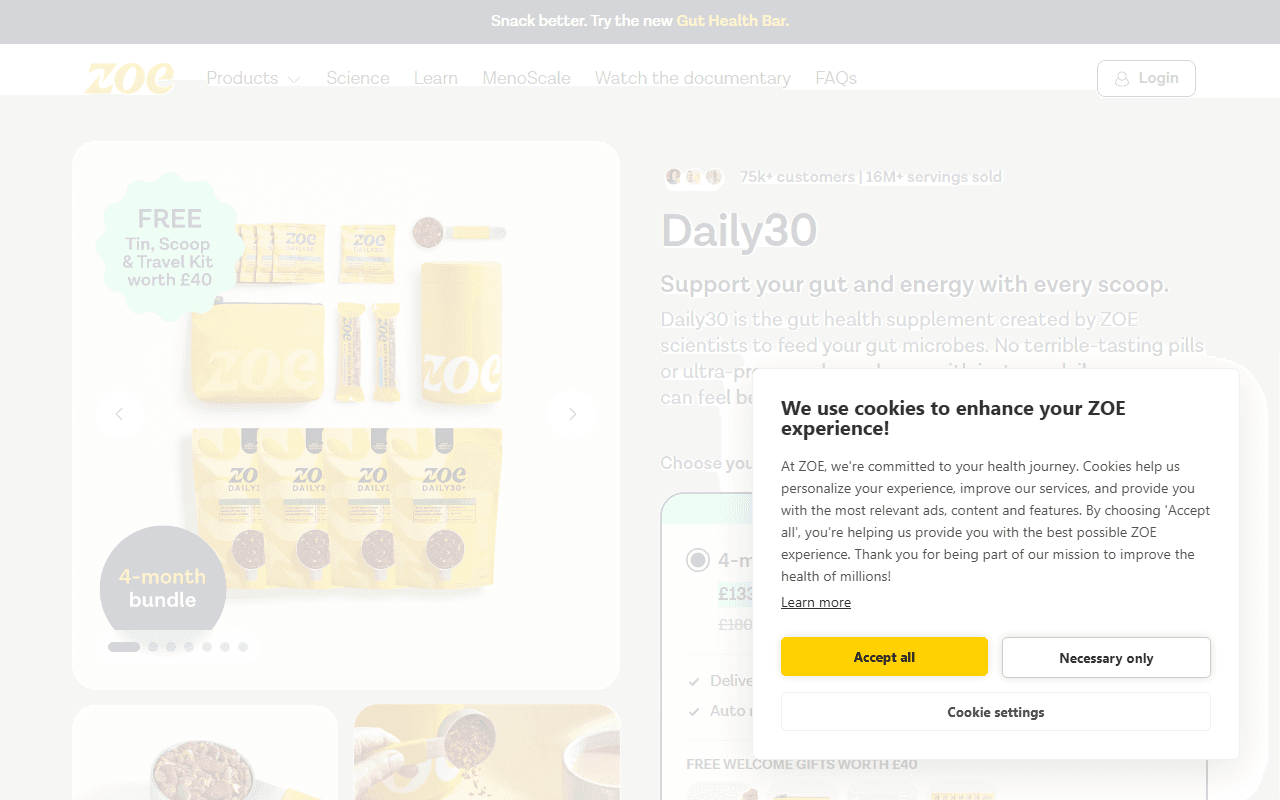 Zoe sponsor landing page advertised on ZOE Science & Nutrition