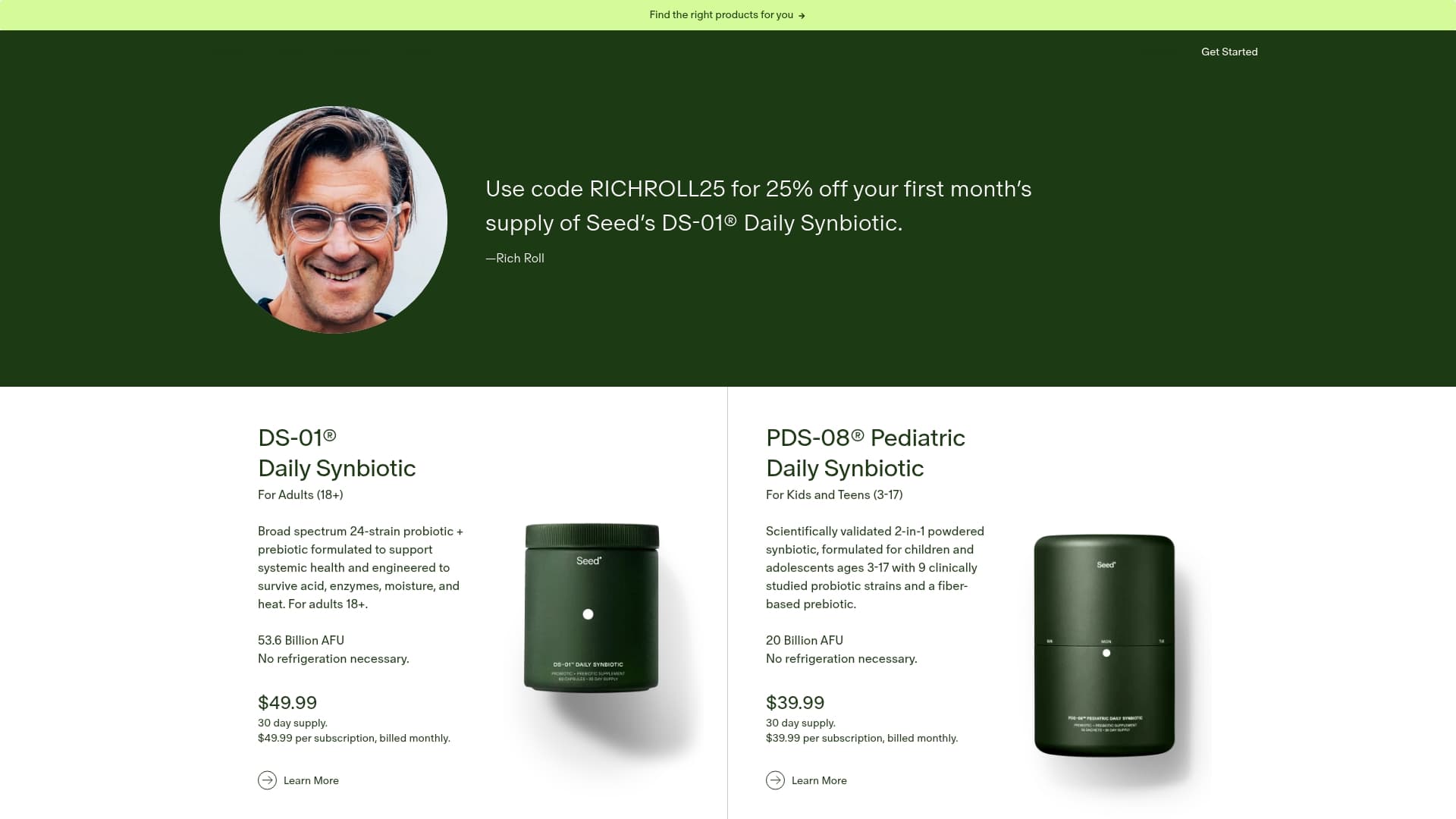 Seed sponsor landing page advertised on The Rich Roll Podcast