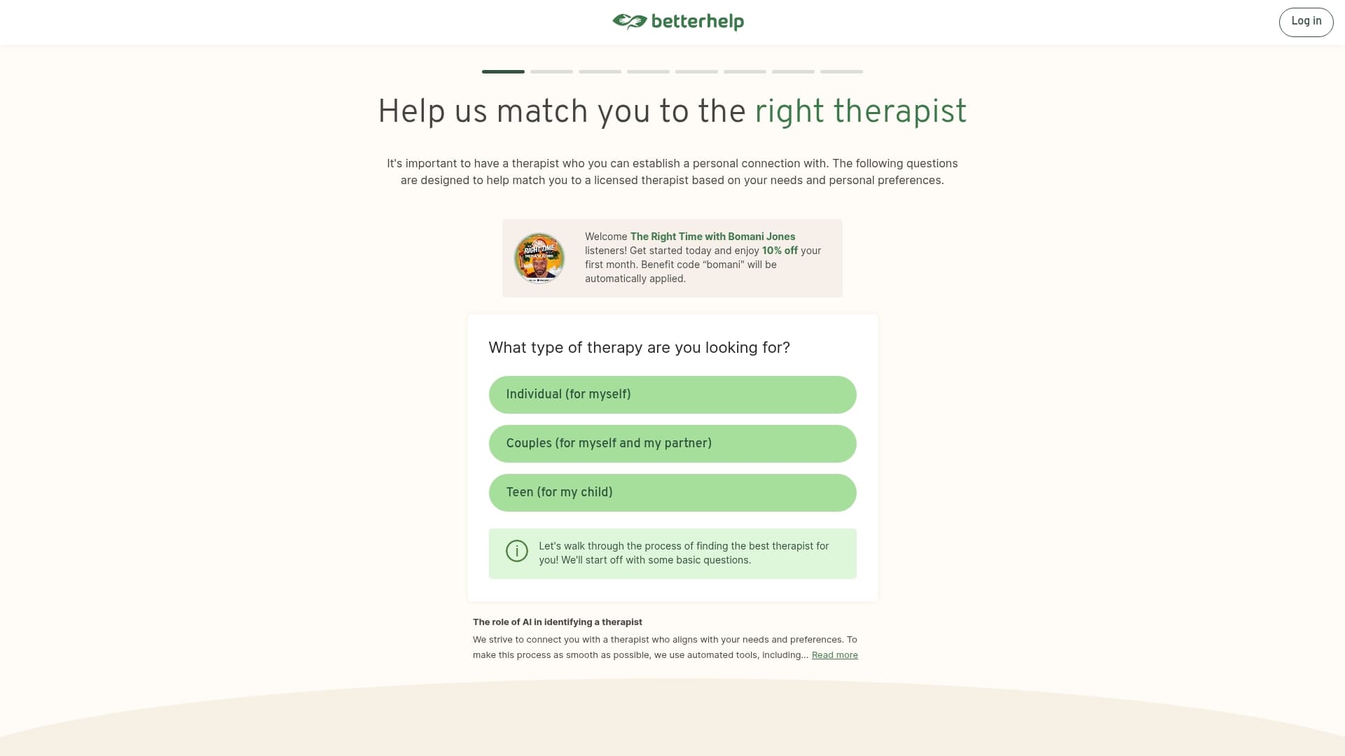 BetterHelp sponsor landing page advertised on The Right Time with Bomani Jones