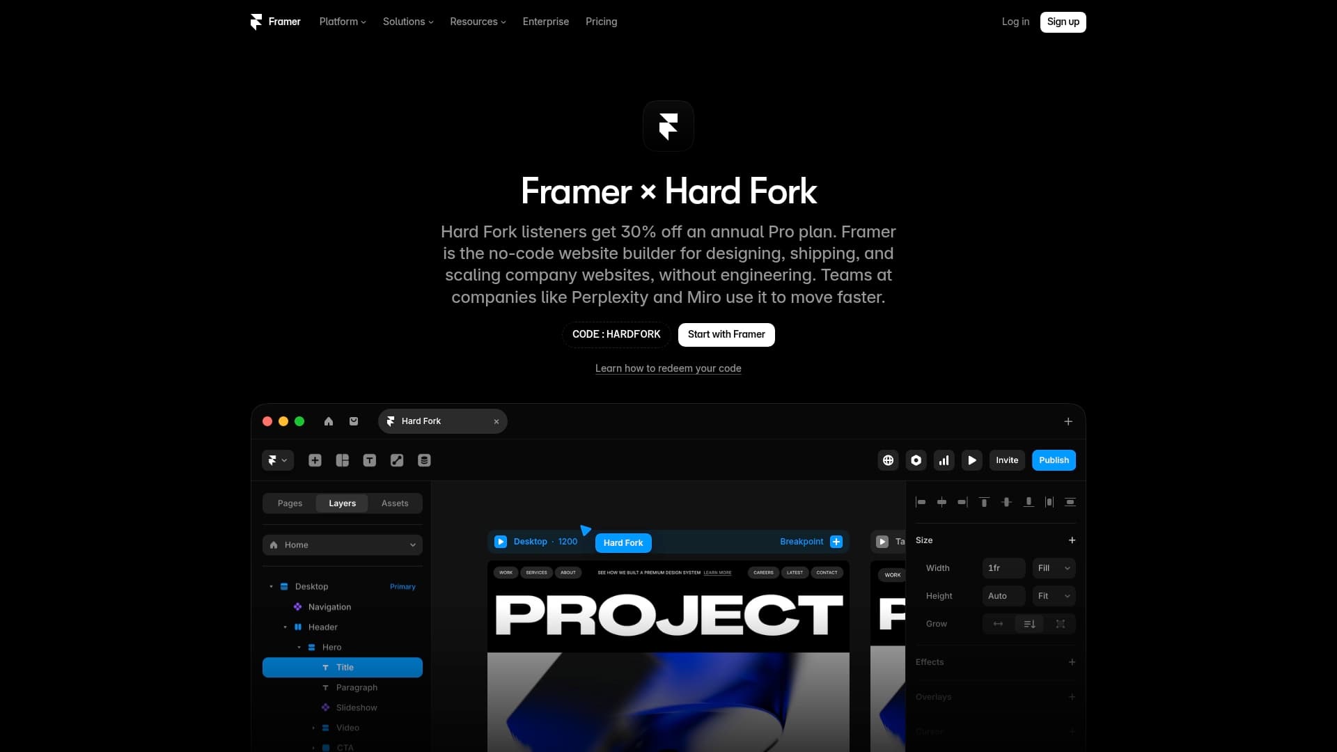 Framer sponsor landing page advertised on Hard Fork