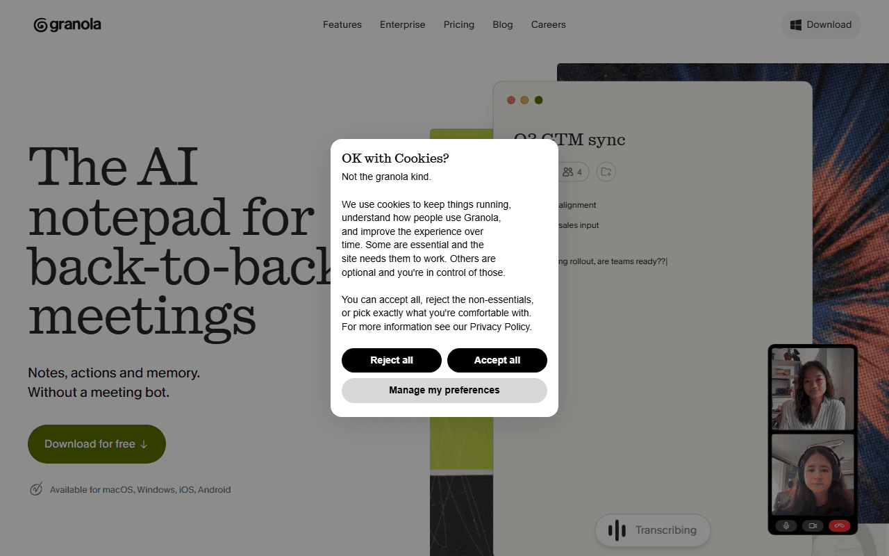 Granola sponsor landing page advertised on The Vergecast