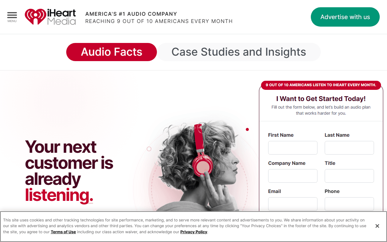 iHeartRadio Advertising sponsor landing page advertised on Cautionary Tales with Tim Harford