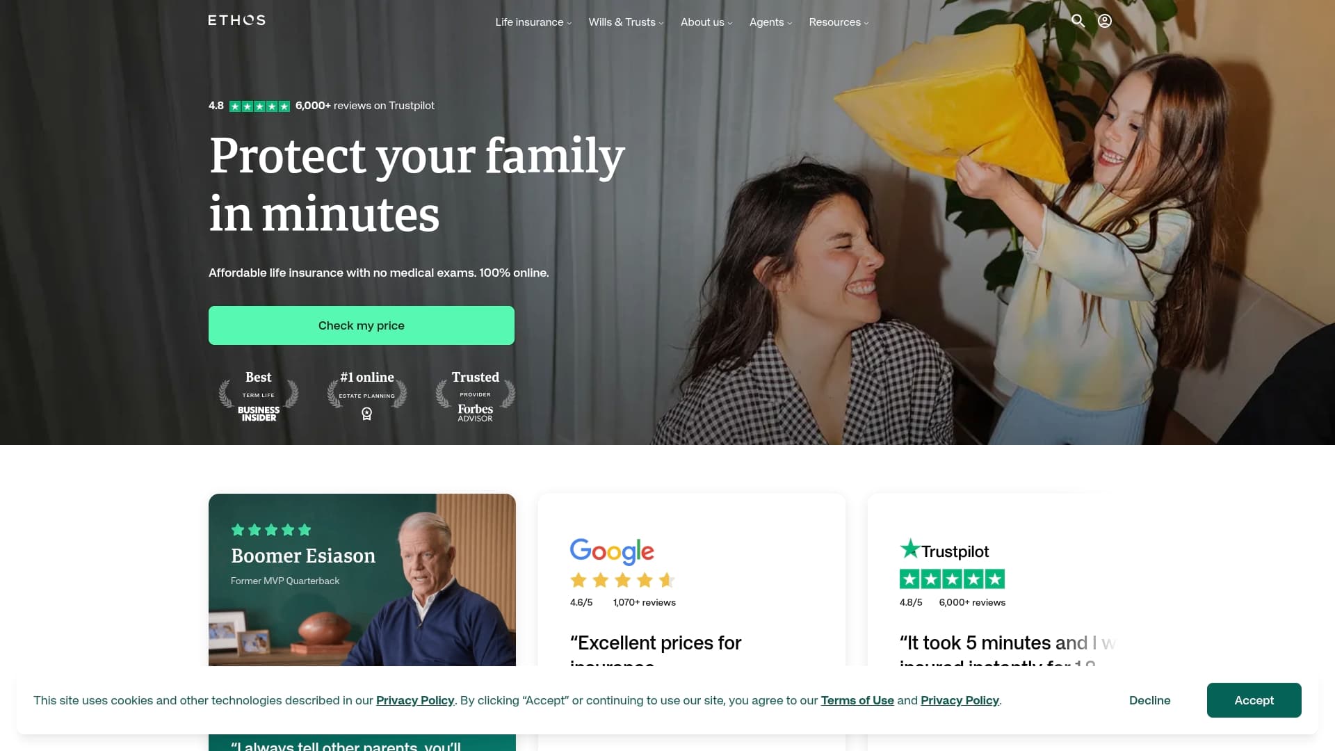 Ethos Life Insurance sponsor landing page advertised on The President's Daily Brief