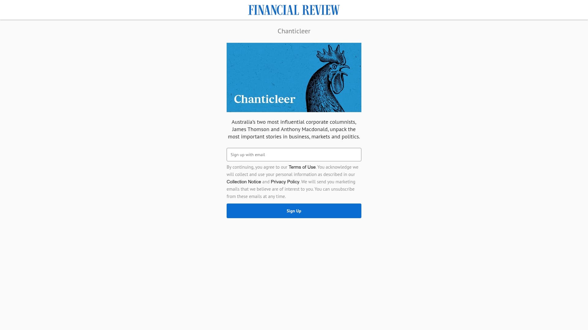 Australian Financial Review sponsor landing page advertised on Chanticleer
