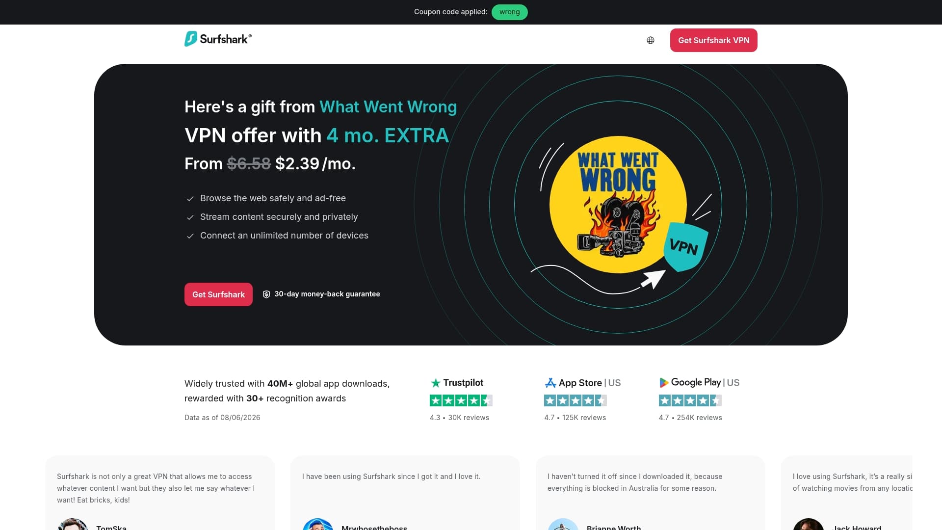 Surfshark sponsor landing page advertised on WHAT WENT WRONG