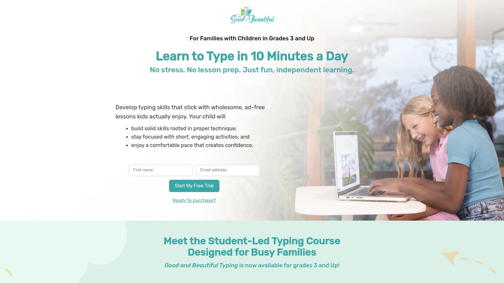 Good and Beautiful Typing sponsor landing page advertised on Sword and Scale