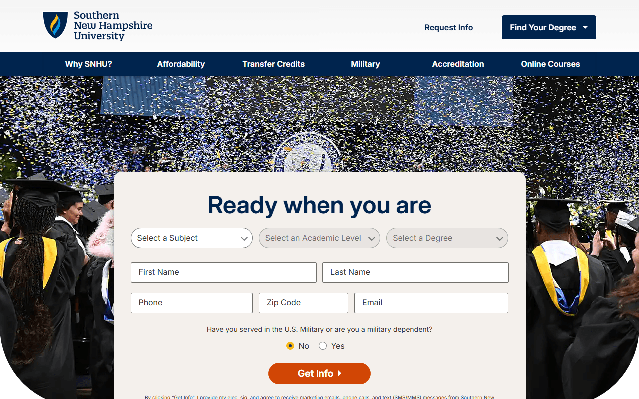 Southern New Hampshire University sponsor landing page advertised on The School of Greatness