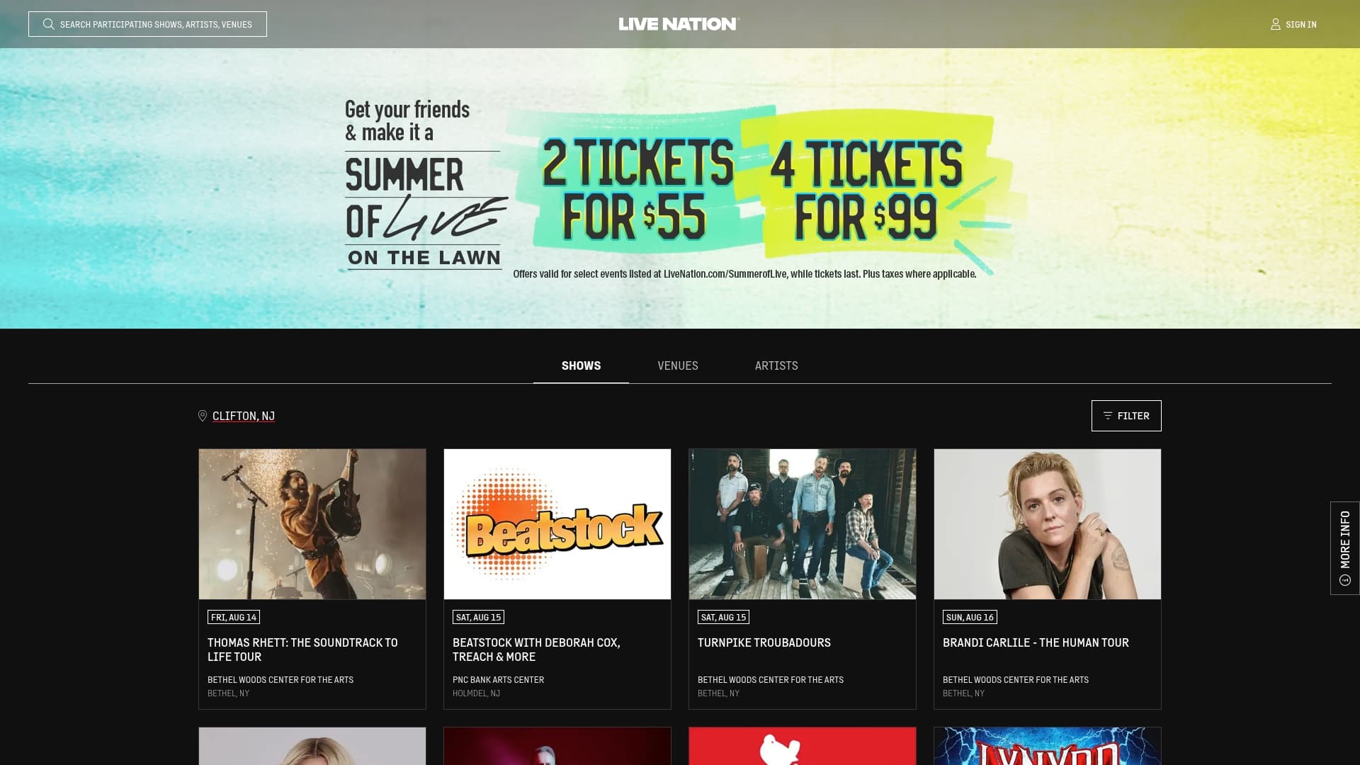 Live Nation sponsor landing page advertised on Two Ts In A Pod with Teddi Mellencamp and Tamra Judge