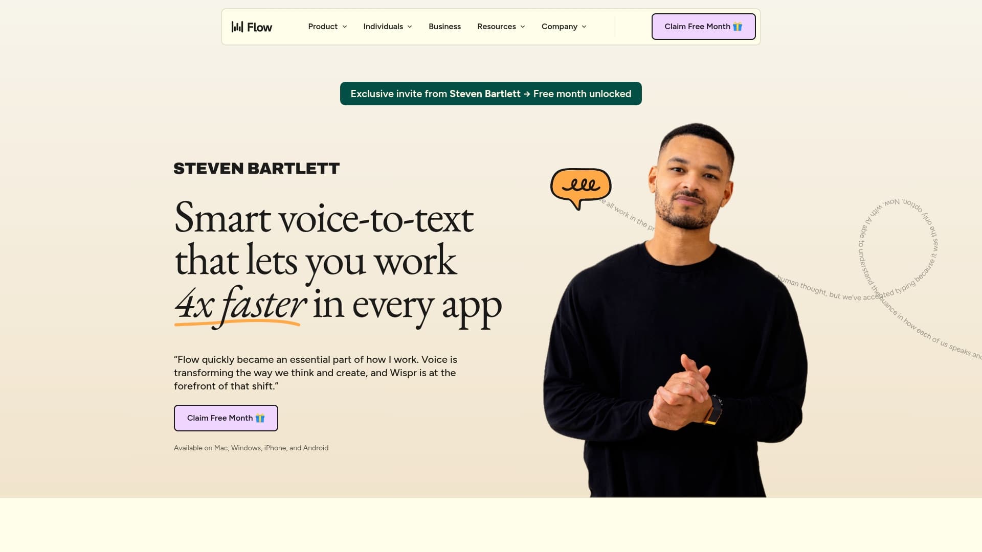 Wispr Flow sponsor landing page advertised on The Diary Of A CEO with Steven Bartlett
