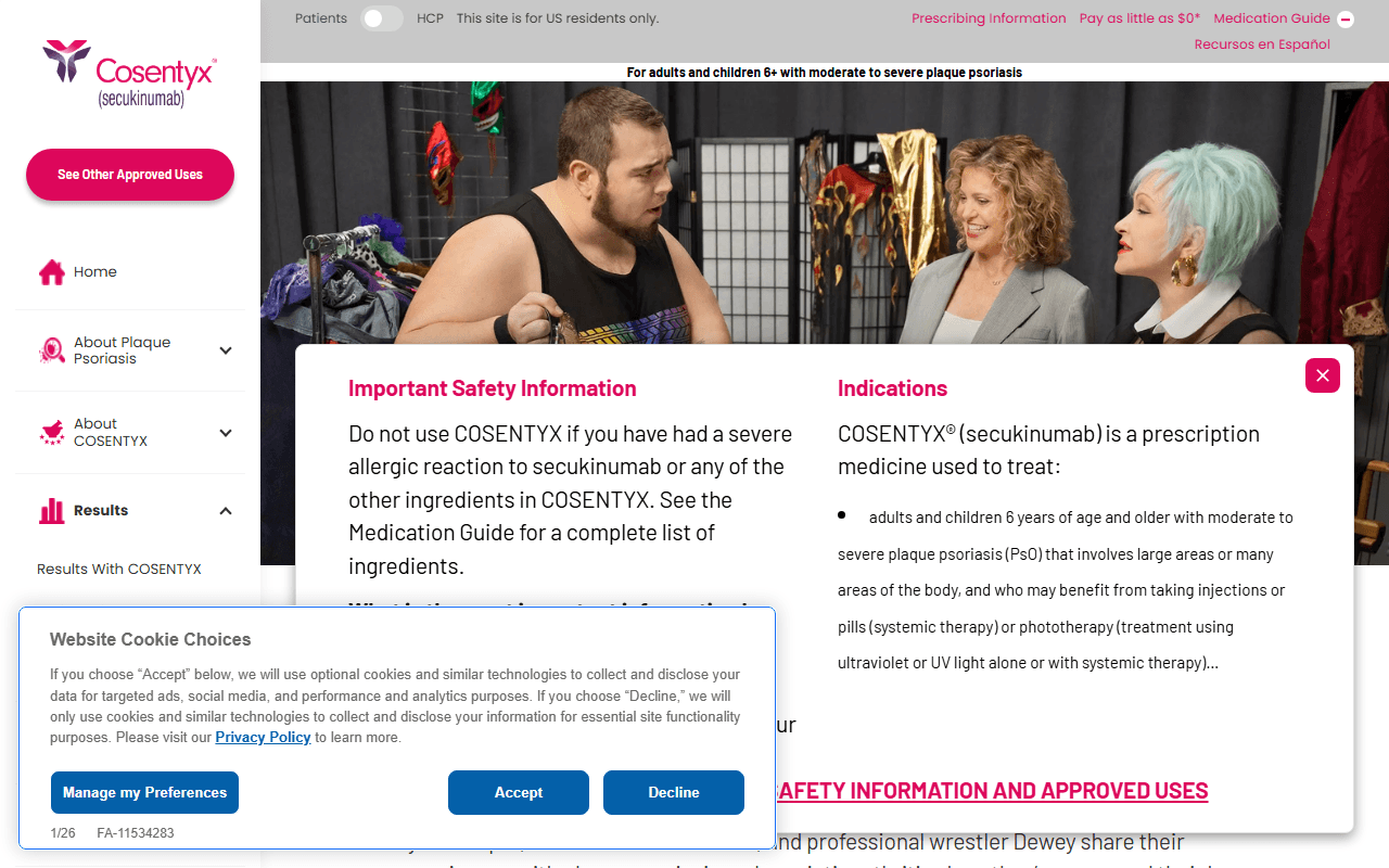 Cosentyx (Secukinumab) sponsor landing page advertised on Deadline: White House