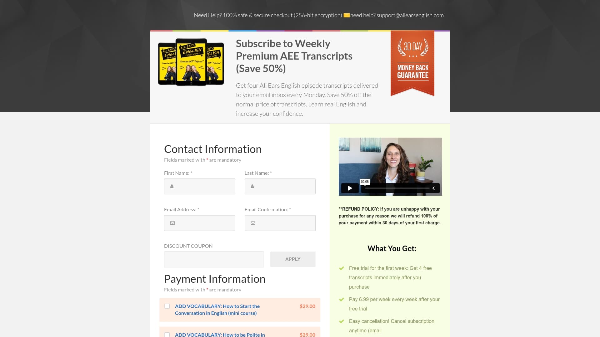 All Ears English sponsor landing page advertised on All Ears English Podcast