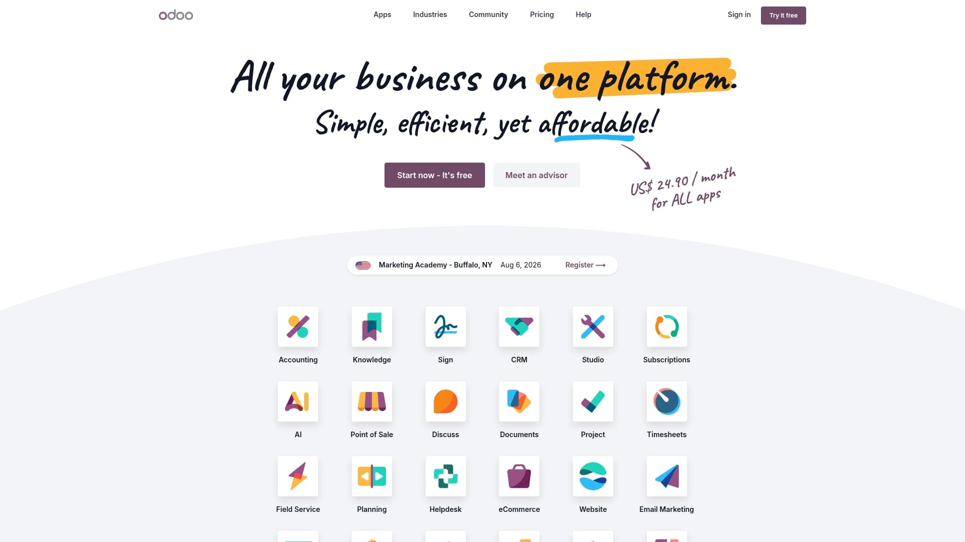 Odoo sponsor landing page advertised on The Indicator from Planet Money