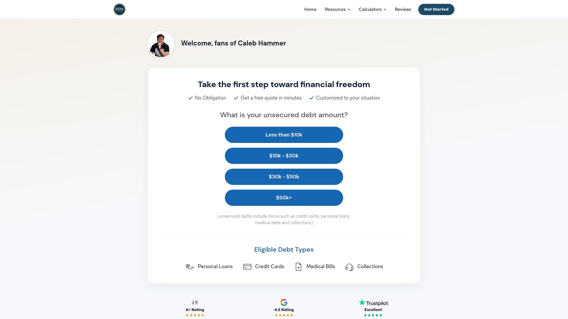 PDS Debt sponsor landing page advertised on Financial Audit with Caleb Hammer