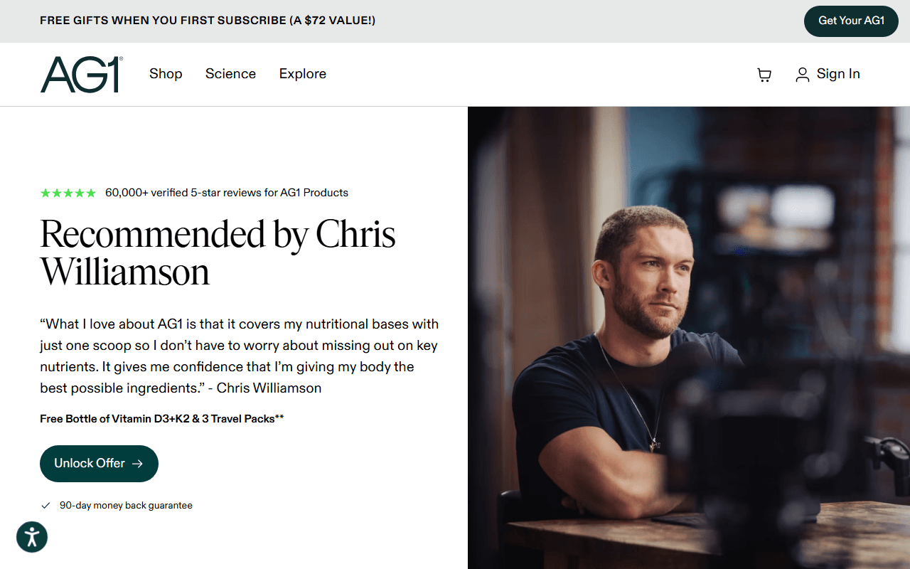 AG1 sponsor landing page advertised on Modern Wisdom