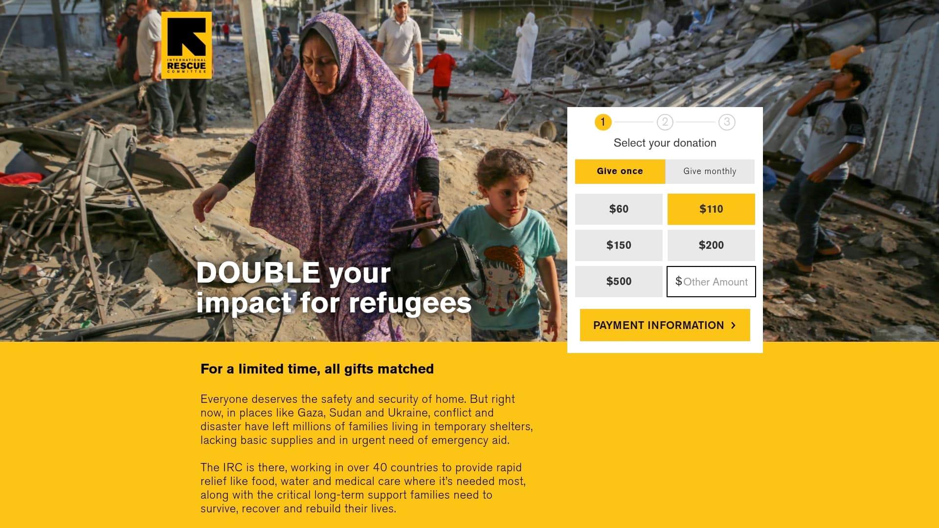 International Rescue Committee sponsor landing page advertised on Up First
